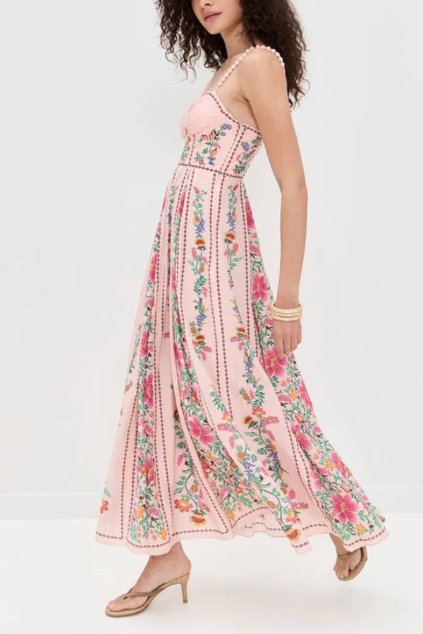 Unieke maxi-jurk met delicate bosprint, sweetheart-halslijn en kralenbandjes