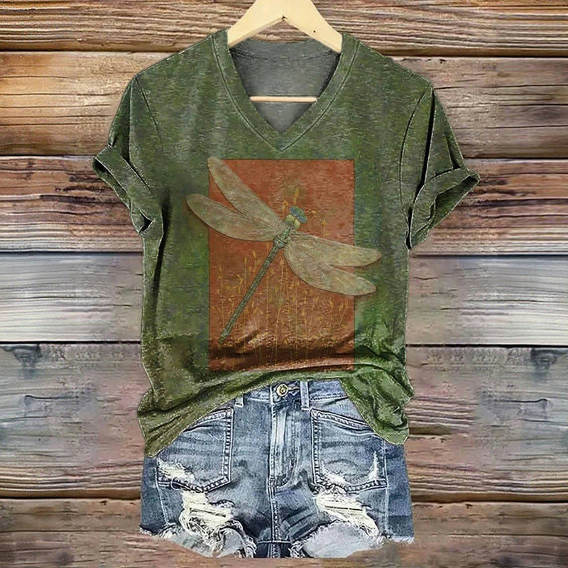 Vintage T-shirt met libellenprint