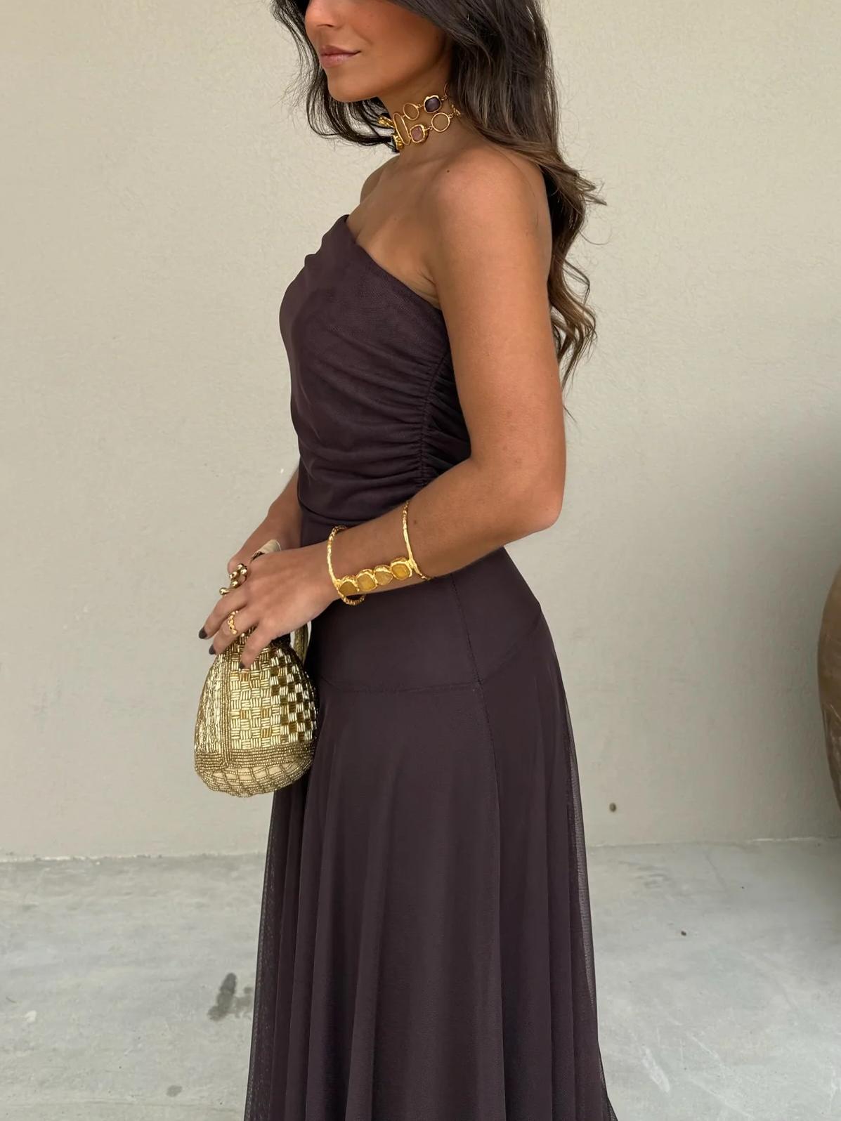 Kiali | Toledo One-Shoulder Mesh Maxi-jurk