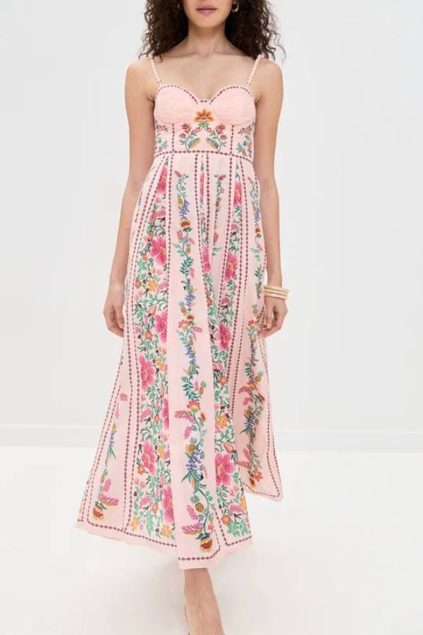 Unieke maxi-jurk met delicate bosprint, sweetheart-halslijn en kralenbandjes