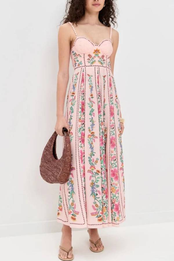 Unieke maxi-jurk met delicate bosprint, sweetheart-halslijn en kralenbandjes