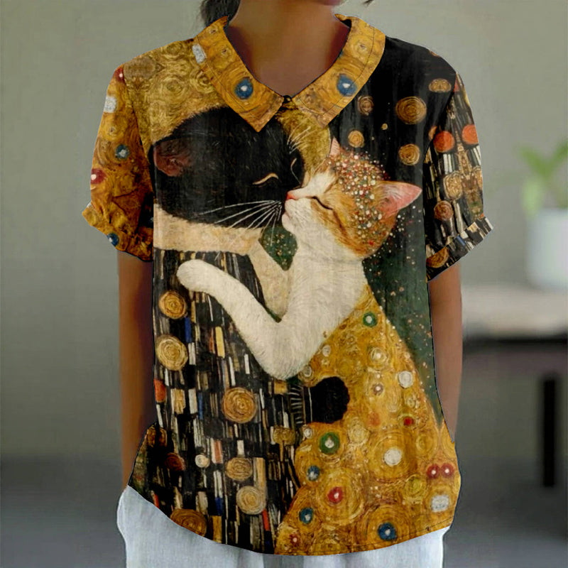 Vintage blouse met kattenprint