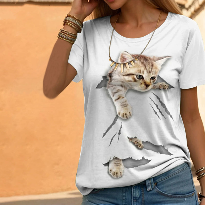 Casual T-shirt met kattenprint