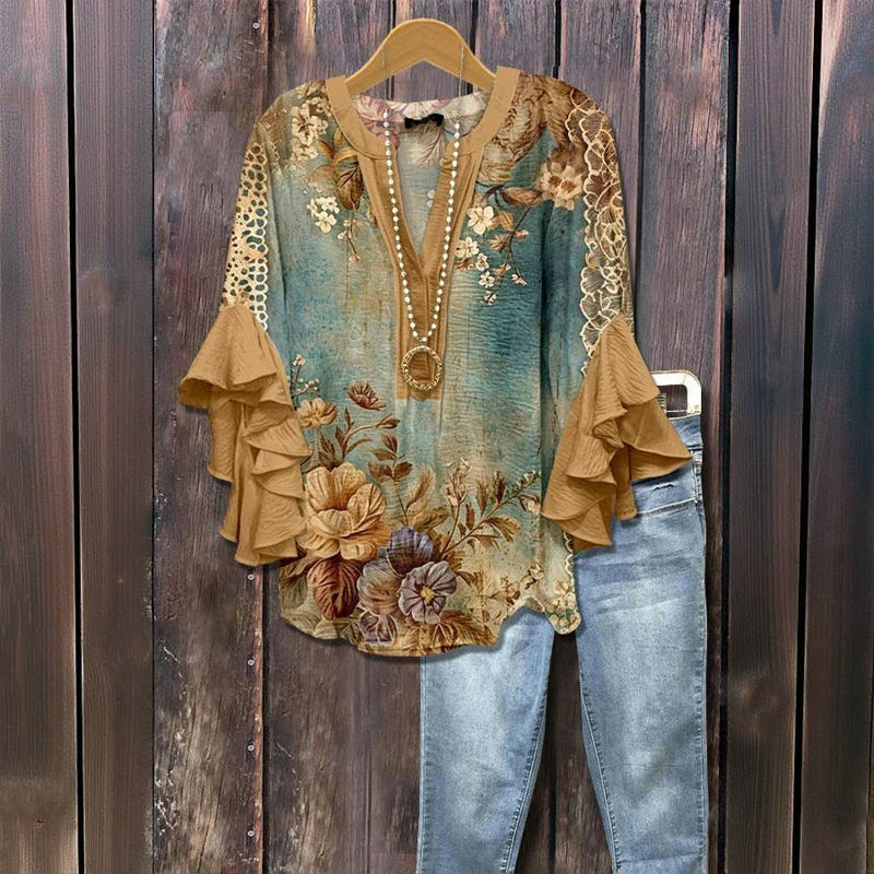 Vintage 3D-bloemenprintblouse