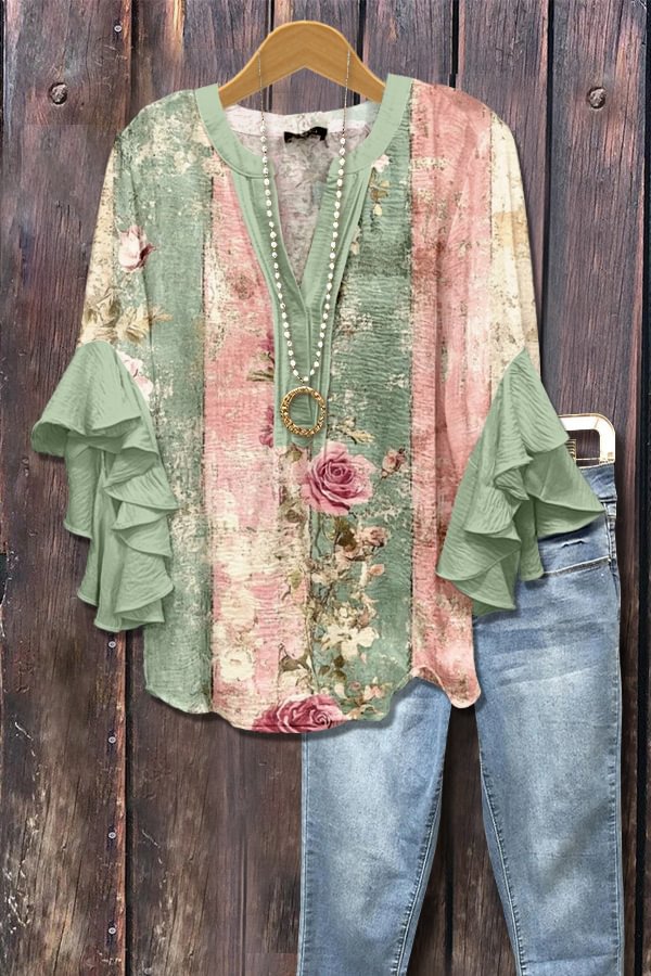 Kakigroene blouse met 3D-bloemenprint