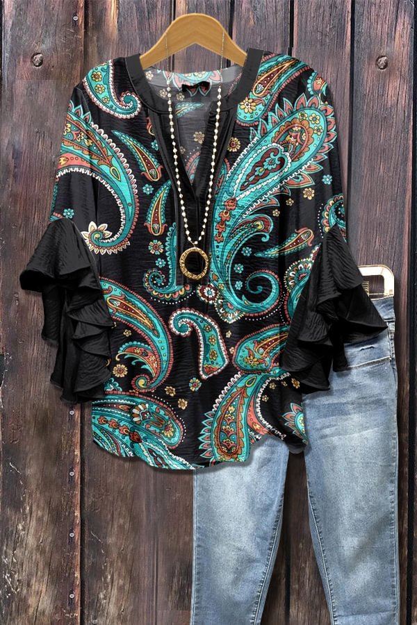 Zwart en blauw 3D-bloemenprintblouse