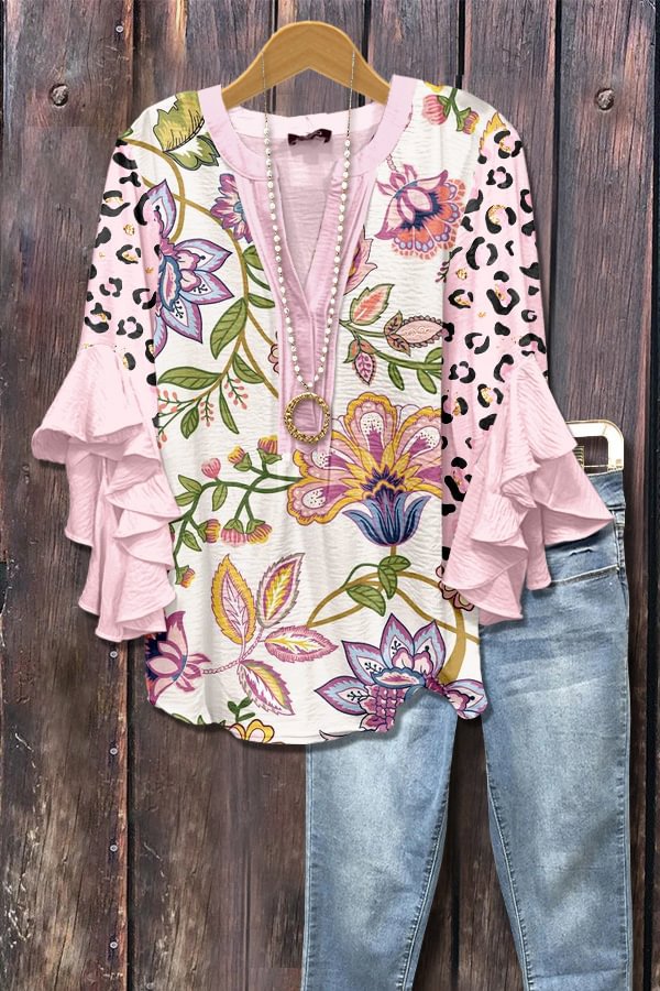 3D-blouse met bloemenprint, anjers en rozen