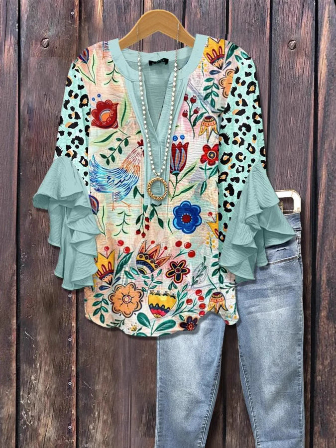 Cyaan 3D-bloemenprint blouse