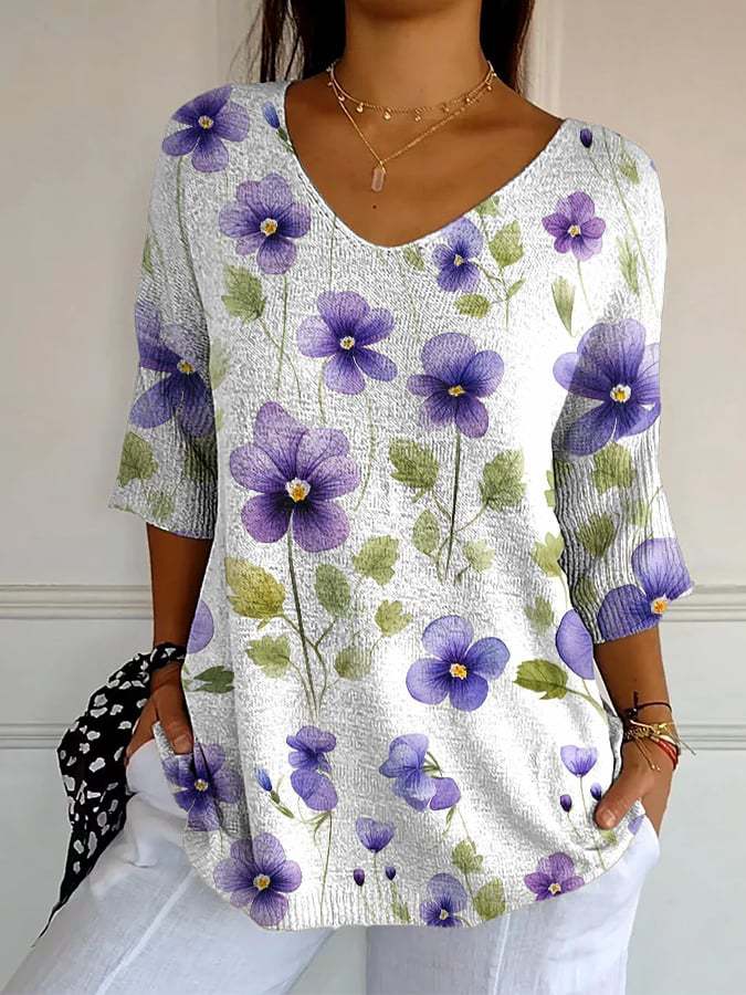 Wit paars bloemen vintage casual T-shirt