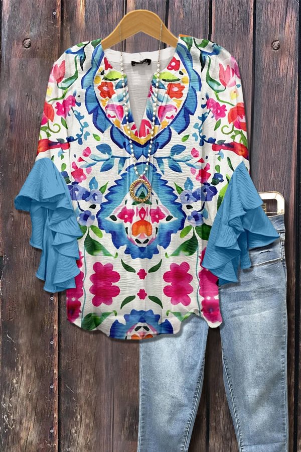Blauwe bloemenblouse met 3D-bloemenprint