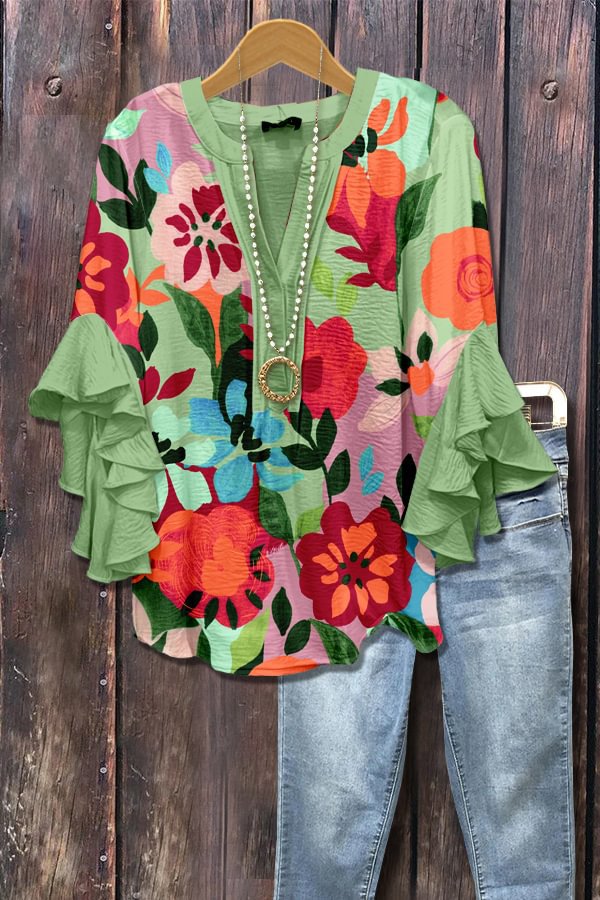 Groene bloemenblouse met 3D-bloemenprint