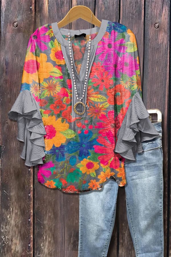 Grijze bloemenblouse met 3D-bloemenprint