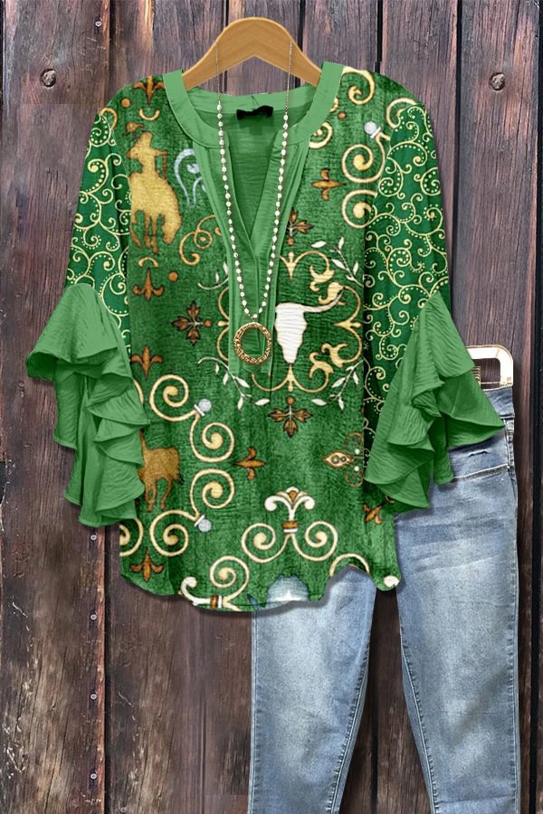 Marinegroene blouse met 3D-bloemenprint