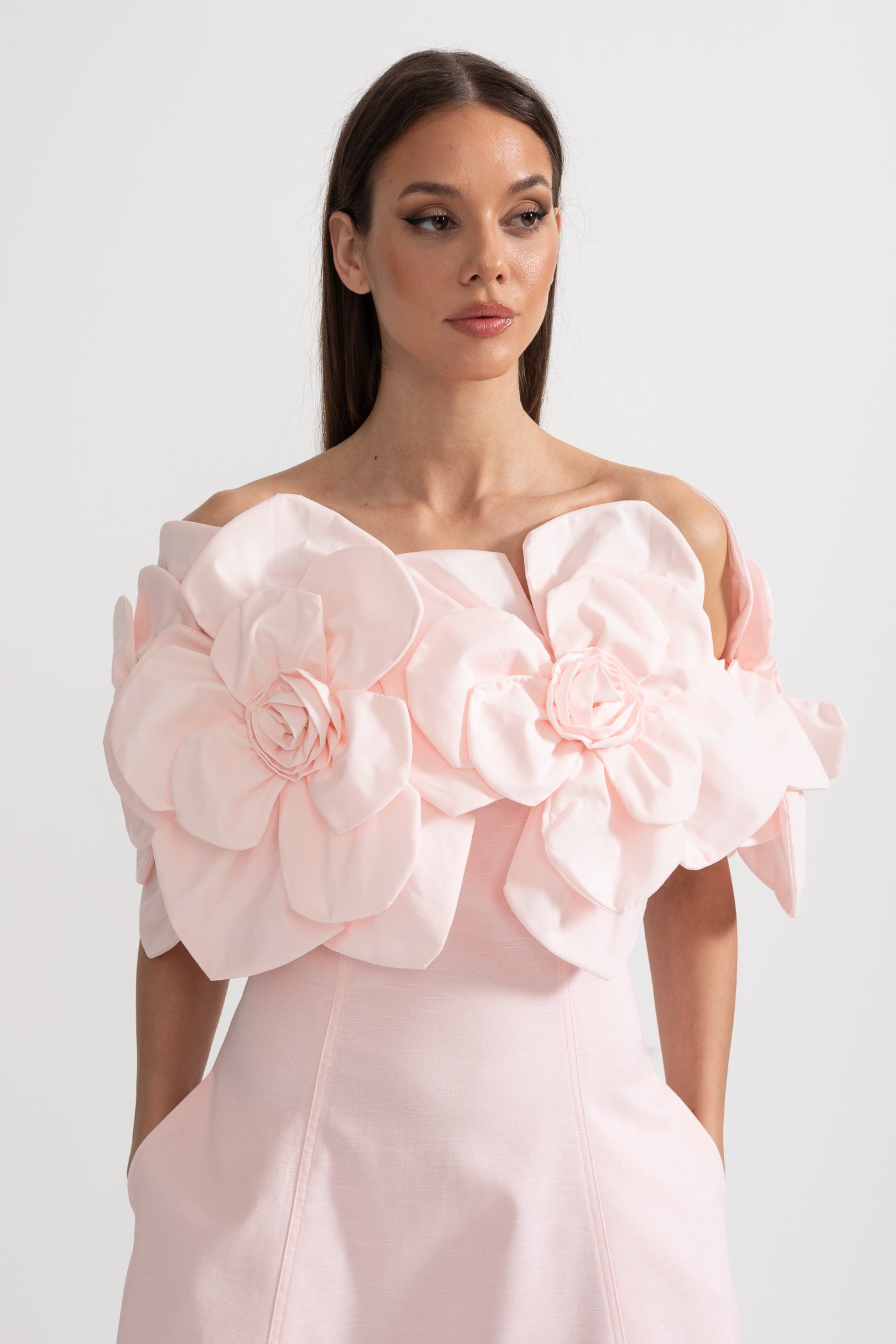 Off-Shoulder Midi Dress With Large Fabric Floral Accents