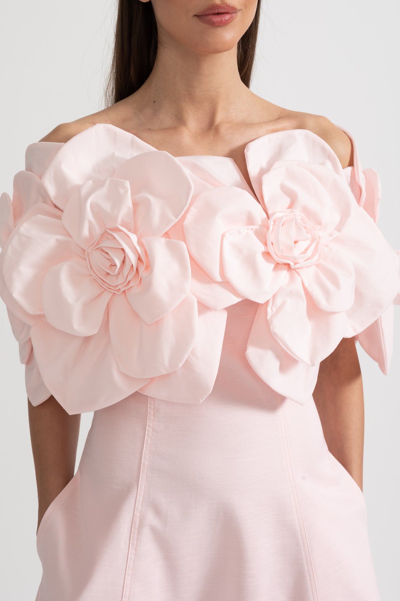 Off-Shoulder Midi Dress With Large Fabric Floral Accents