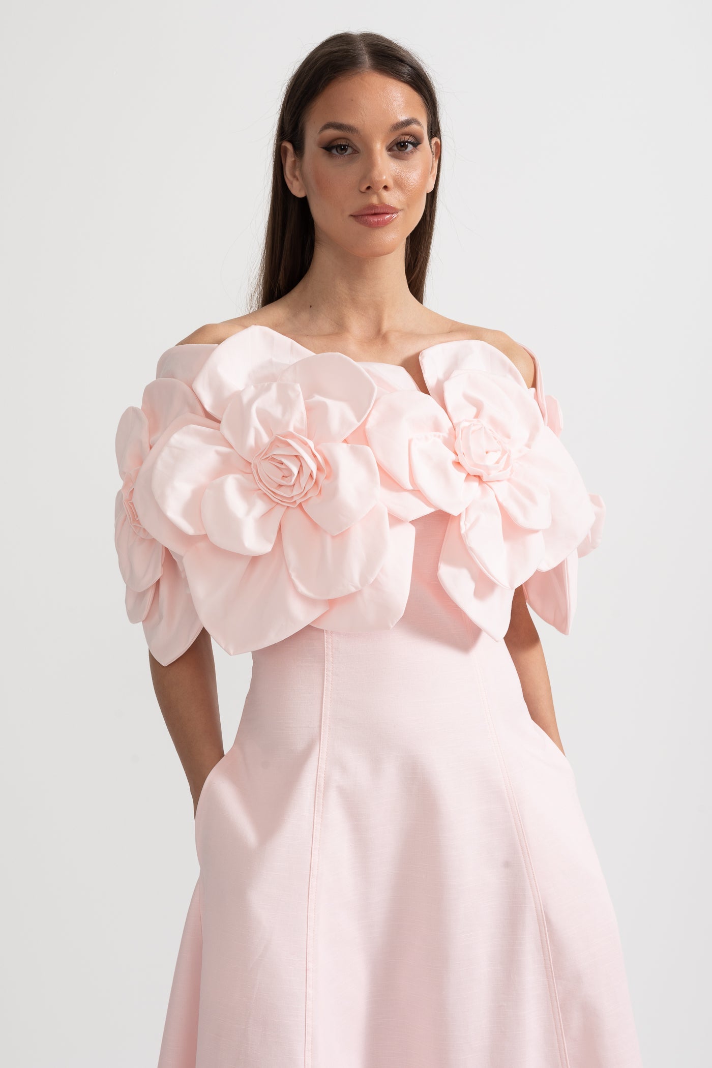 Off-Shoulder Midi Dress With Large Fabric Floral Accents