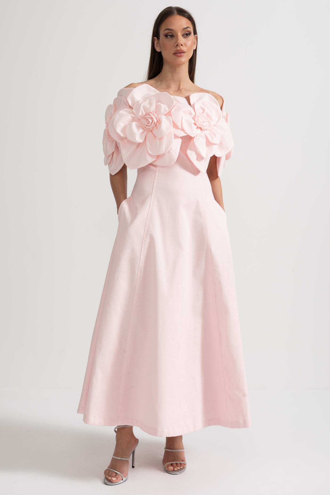 Off-Shoulder Midi Dress With Large Fabric Floral Accents