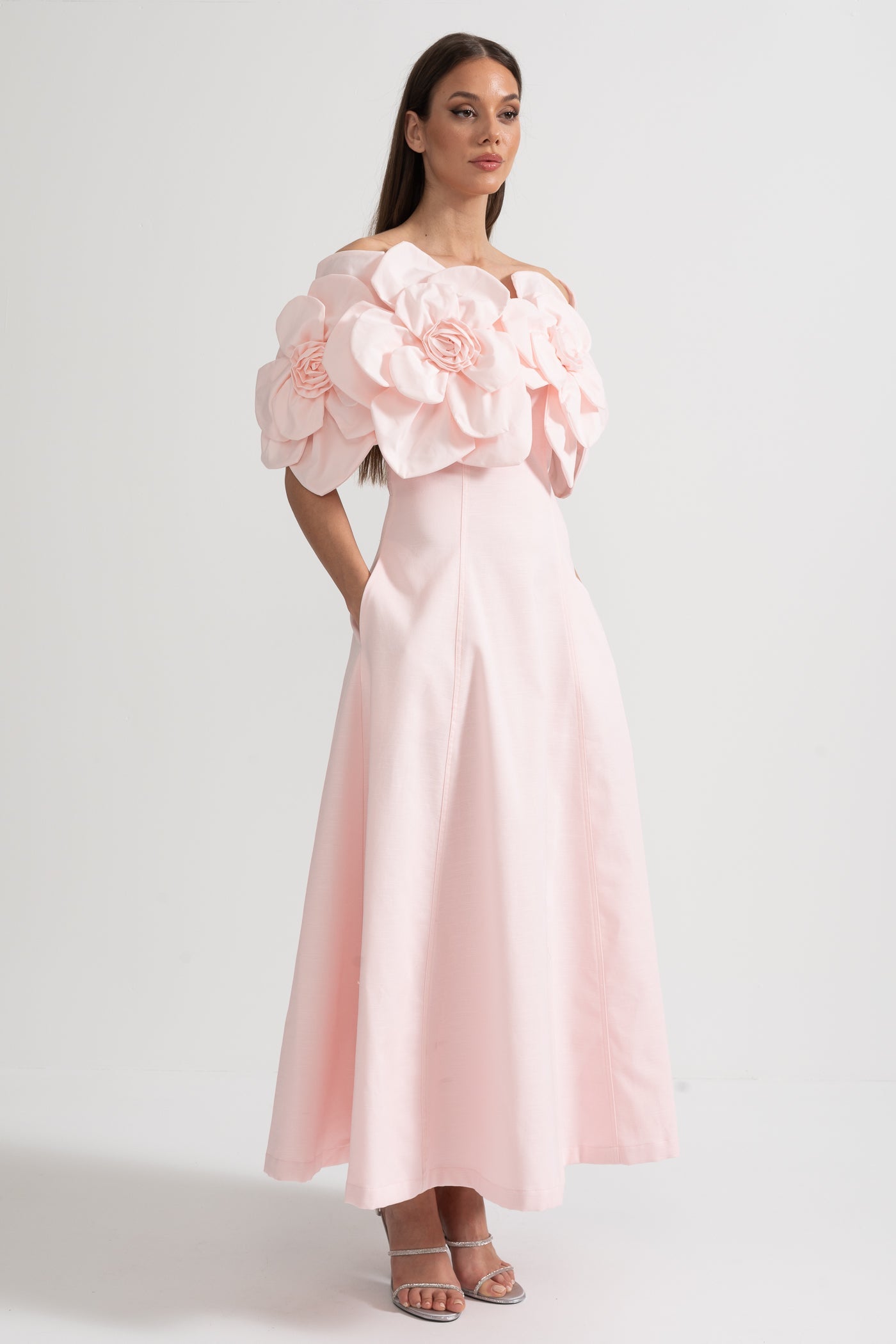 Off-Shoulder Midi Dress With Large Fabric Floral Accents