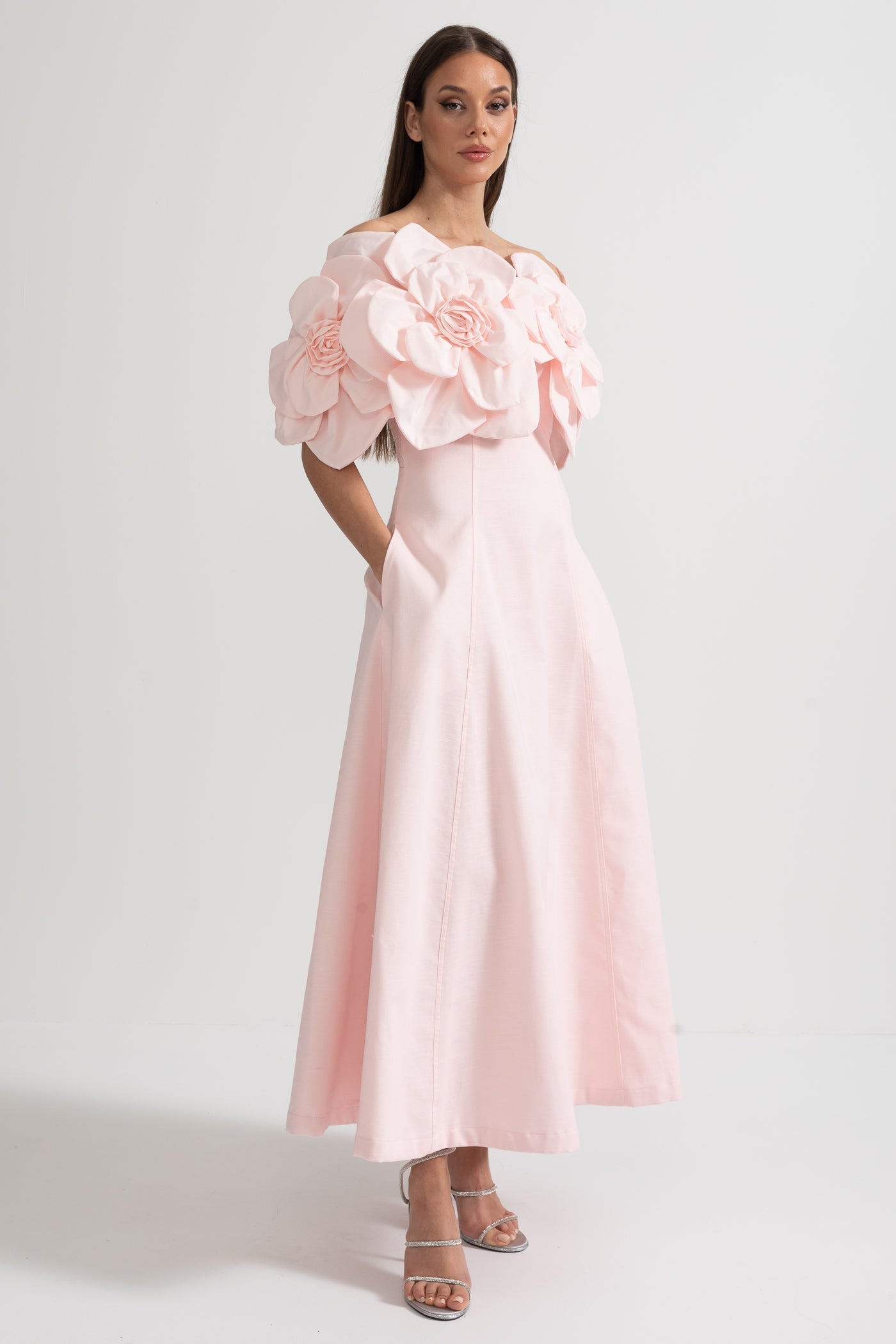 Off-Shoulder Midi Dress With Large Fabric Floral Accents