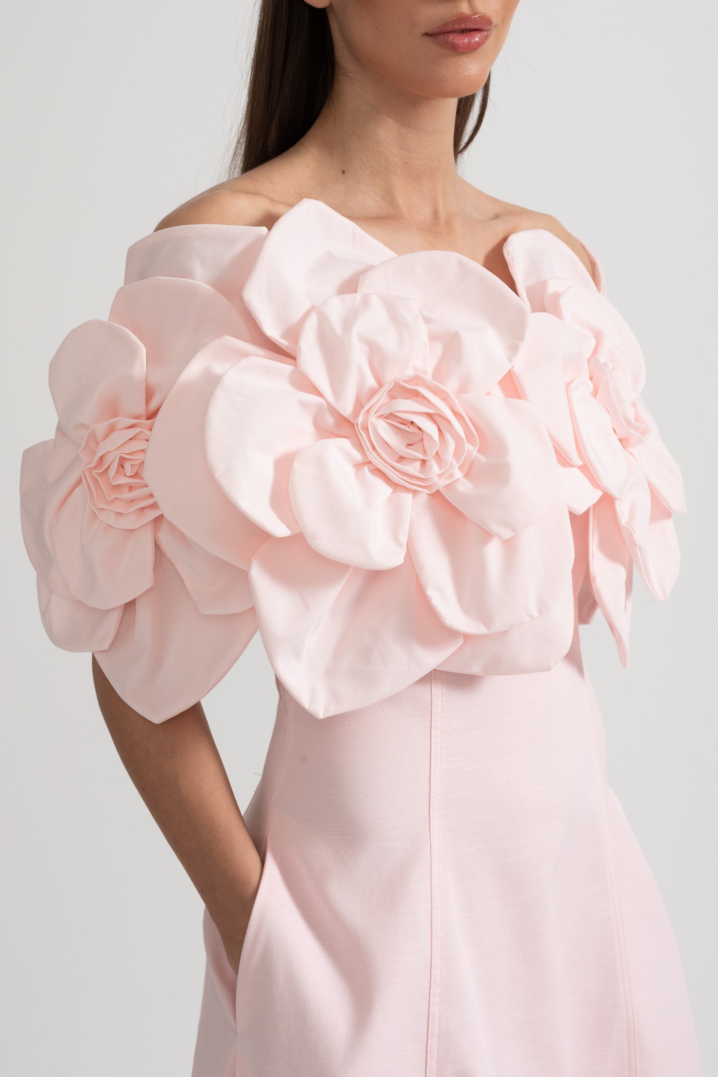 Off-Shoulder Midi Dress With Large Fabric Floral Accents