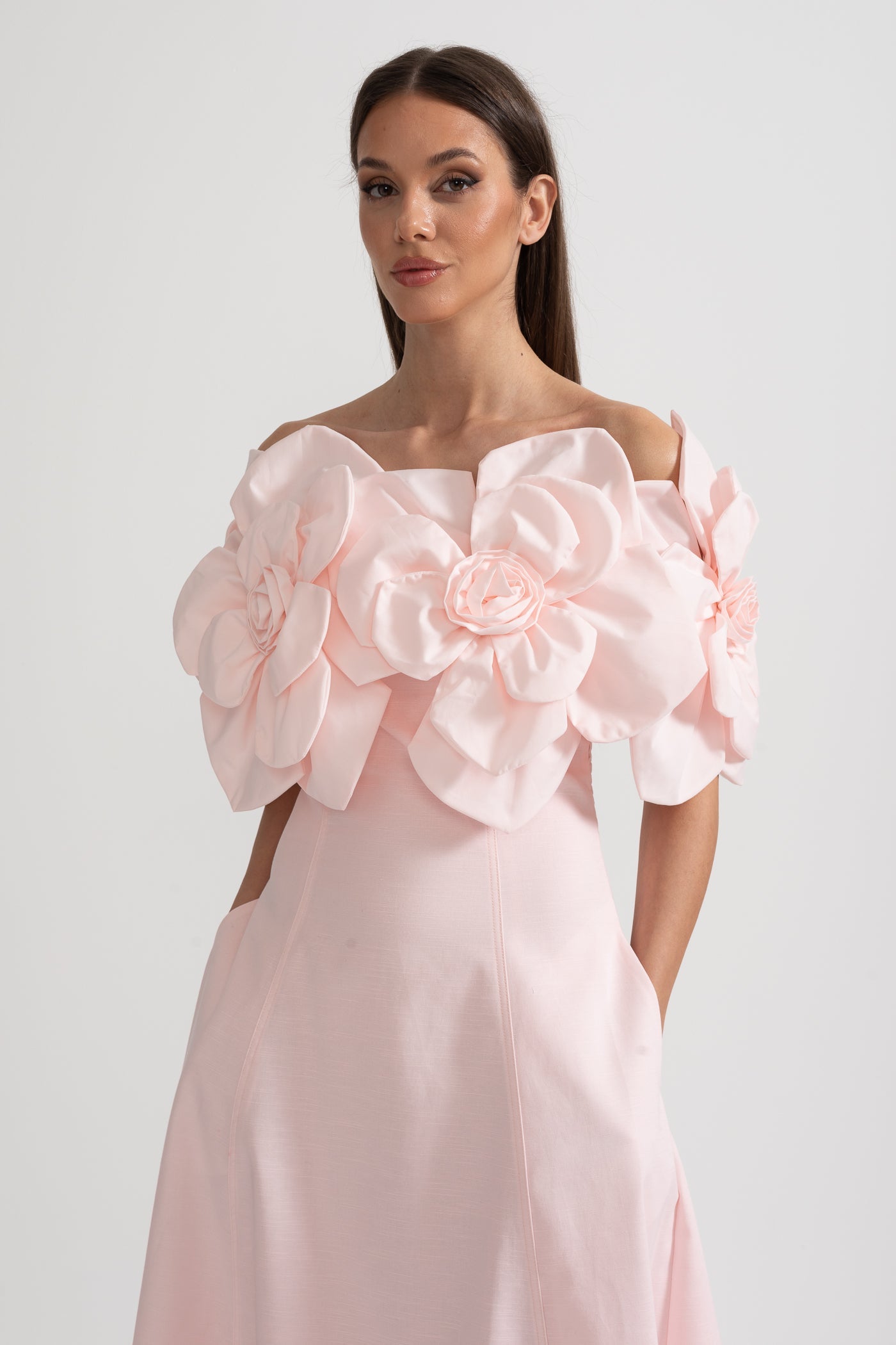 Off-Shoulder Midi Dress With Large Fabric Floral Accents
