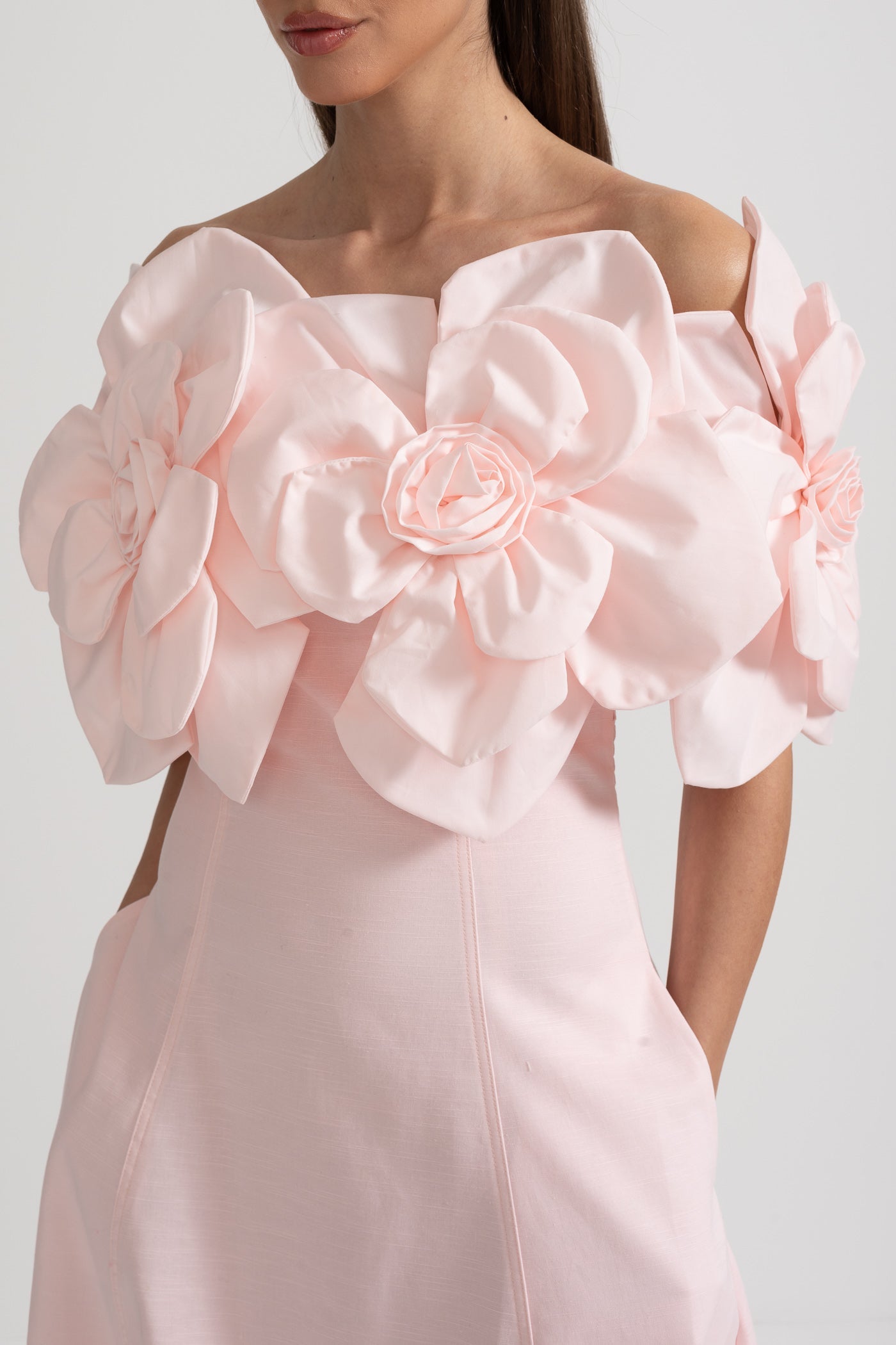 Off-Shoulder Midi Dress With Large Fabric Floral Accents