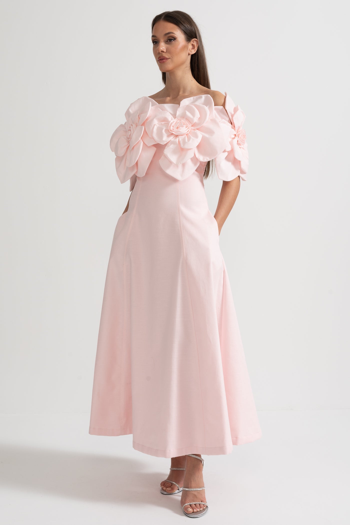 Off-Shoulder Midi Dress With Large Fabric Floral Accents