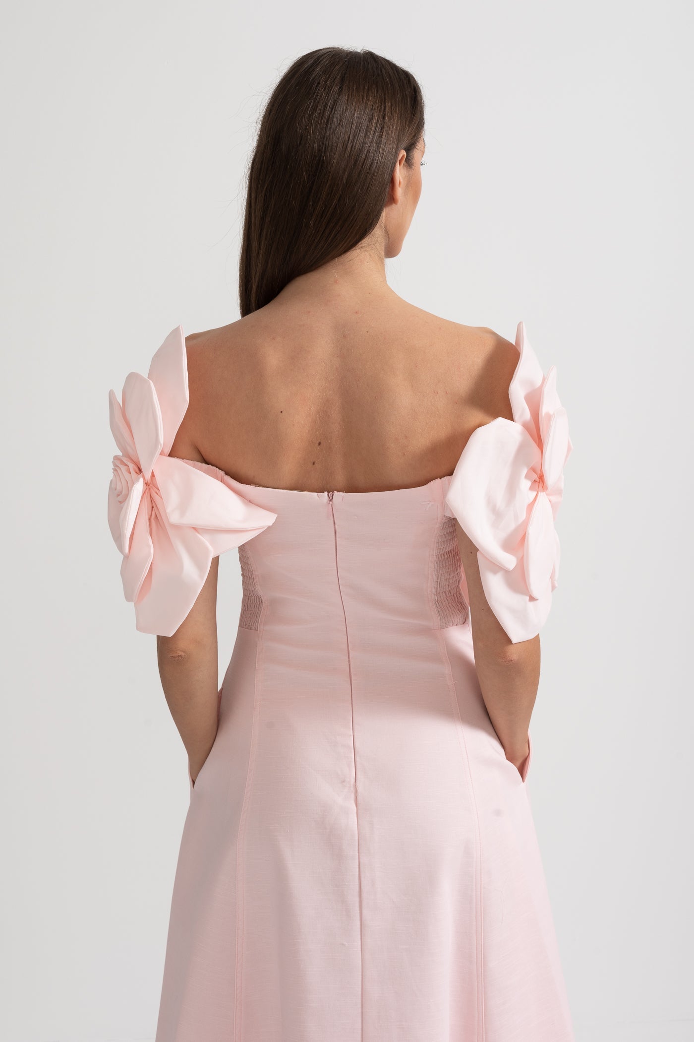 Off-Shoulder Midi Dress With Large Fabric Floral Accents