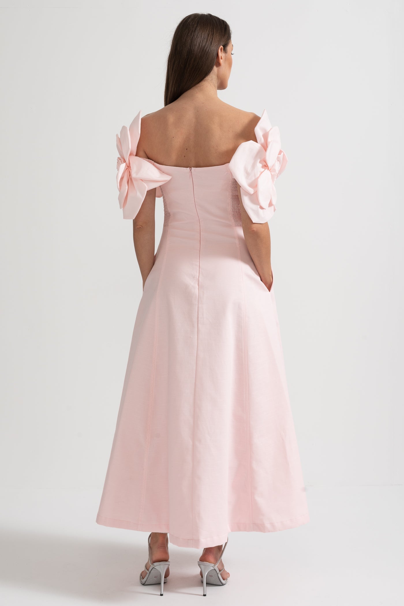 Off-Shoulder Midi Dress With Large Fabric Floral Accents