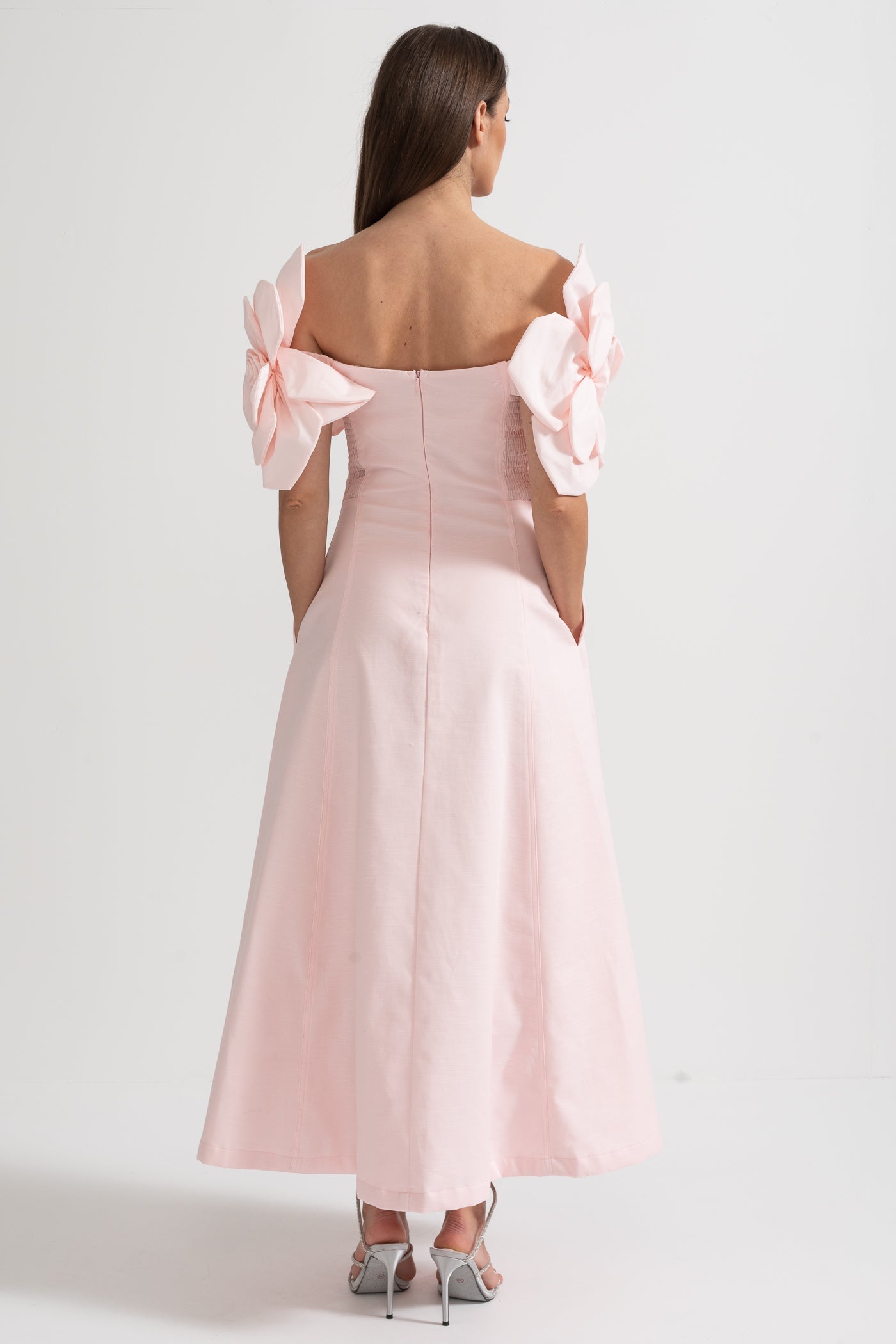 Off-Shoulder Midi Dress With Large Fabric Floral Accents
