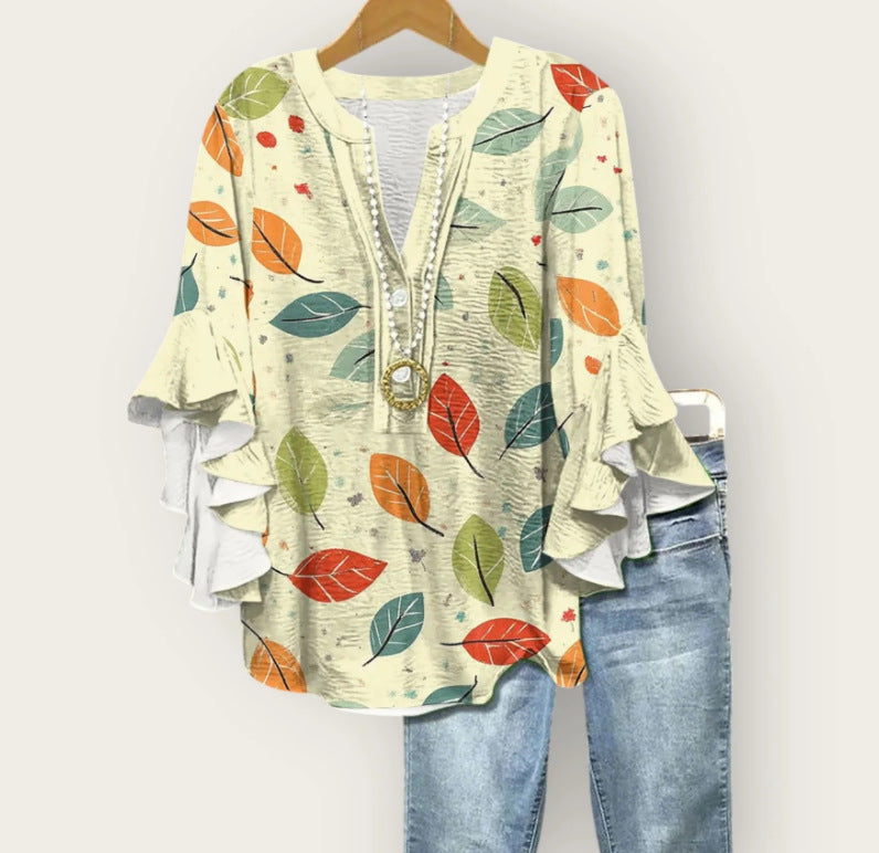 Bladcrème 3D-bloemenprint blouse