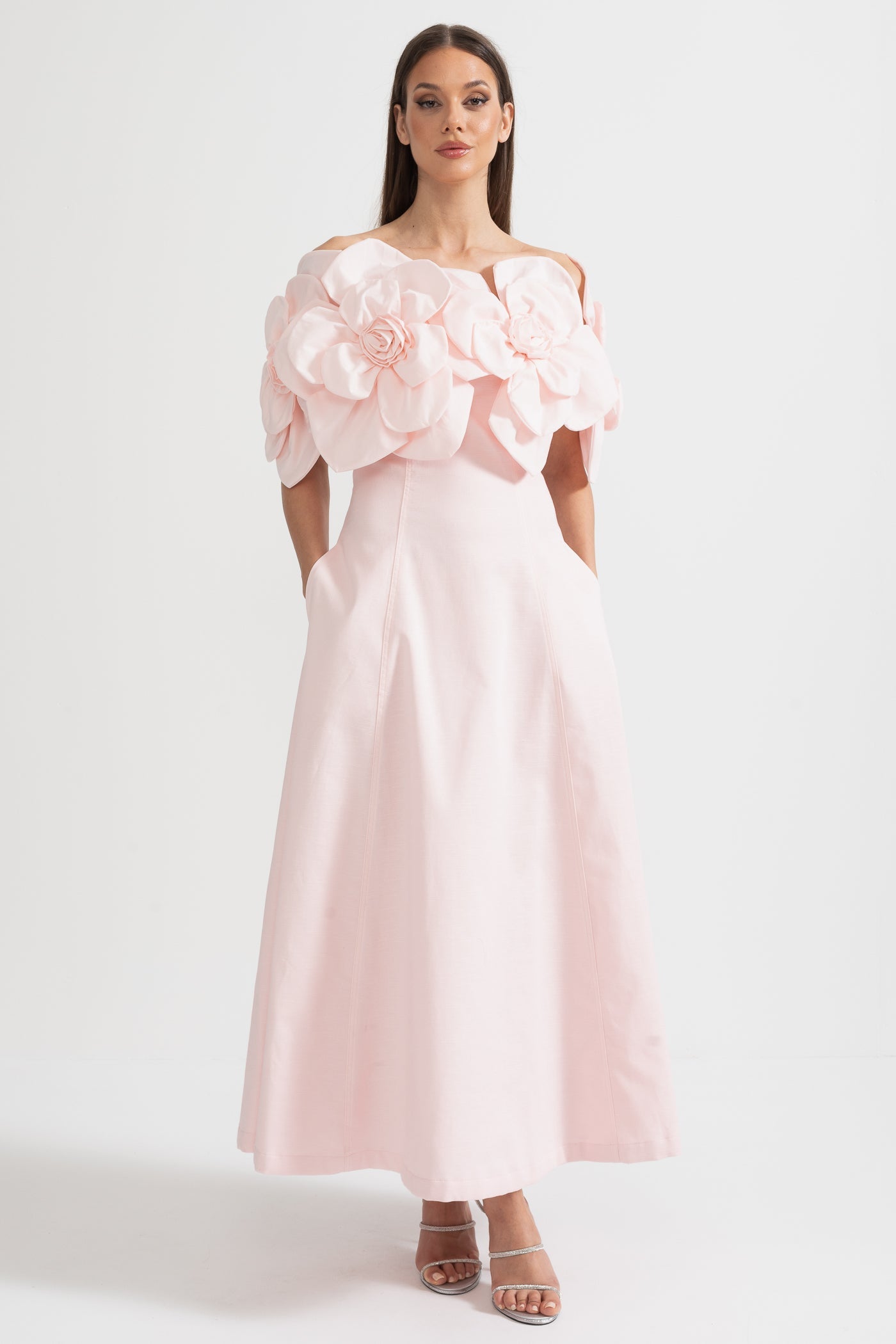 Off-Shoulder Midi Dress With Large Fabric Floral Accents