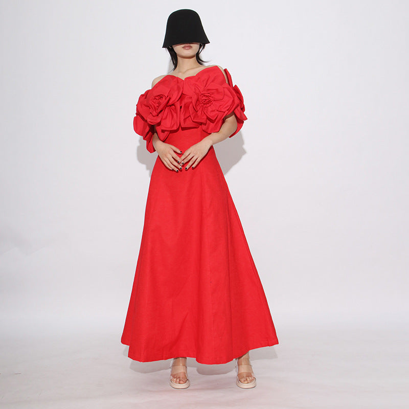 Off-Shoulder Midi Dress With Large Fabric Floral Accents