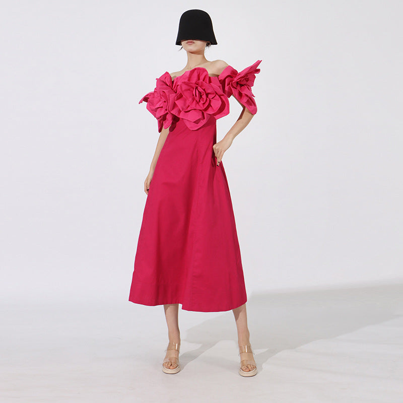 Off-Shoulder Midi Dress With Large Fabric Floral Accents