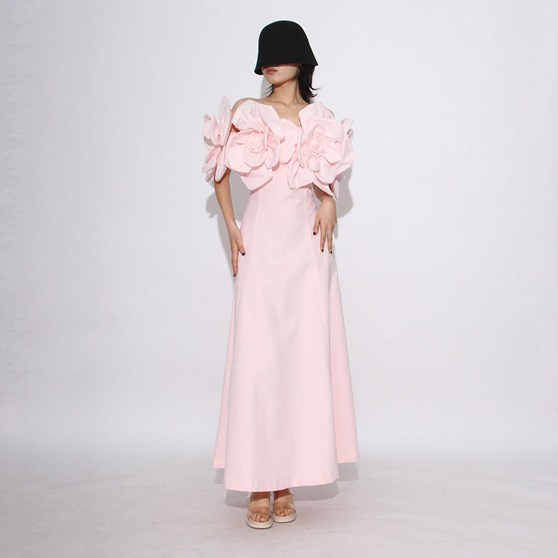 Off-Shoulder Midi Dress With Large Fabric Floral Accents