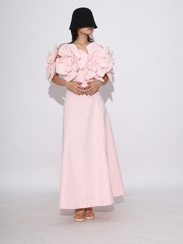 Off-Shoulder Midi Dress With Large Fabric Floral Accents