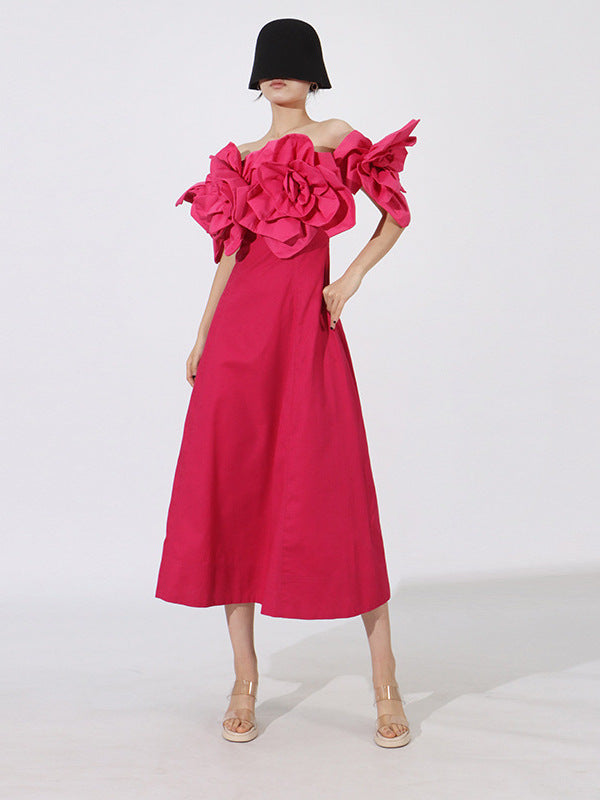 Off-Shoulder Midi Dress With Large Fabric Floral Accents
