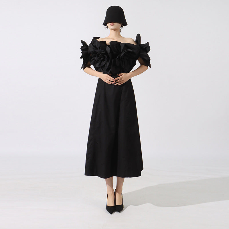 Off-Shoulder Midi Dress With Large Fabric Floral Accents
