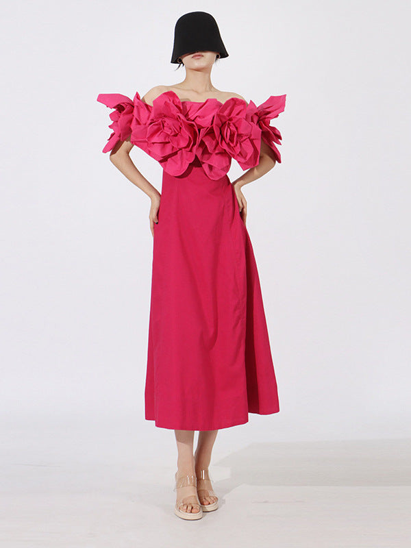 Off-Shoulder Midi Dress With Large Fabric Floral Accents
