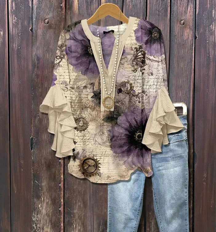Tarwebruine blouse met 3D-bloemenprint