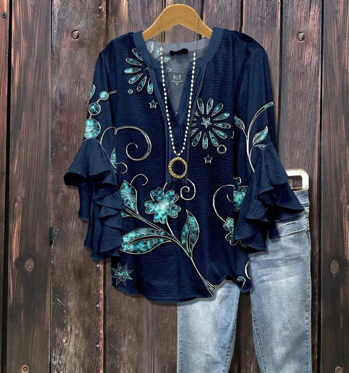 Blauwe sterrenblouse met 3D-bloemenprint