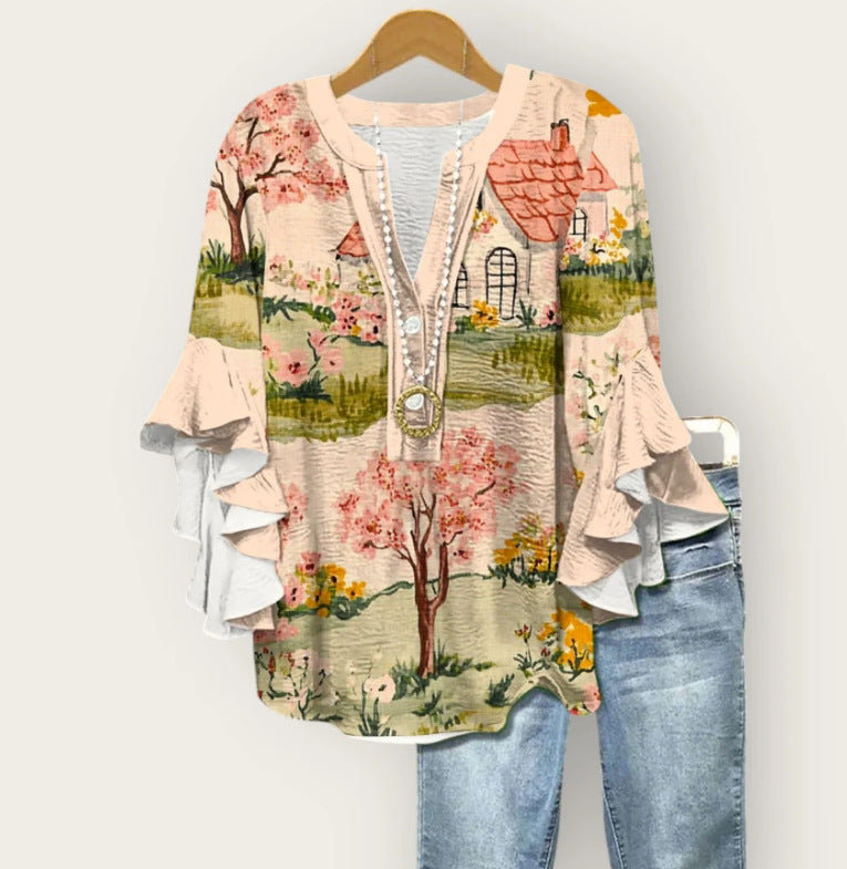 Zachtroze blouse met 3D-bloemenprint