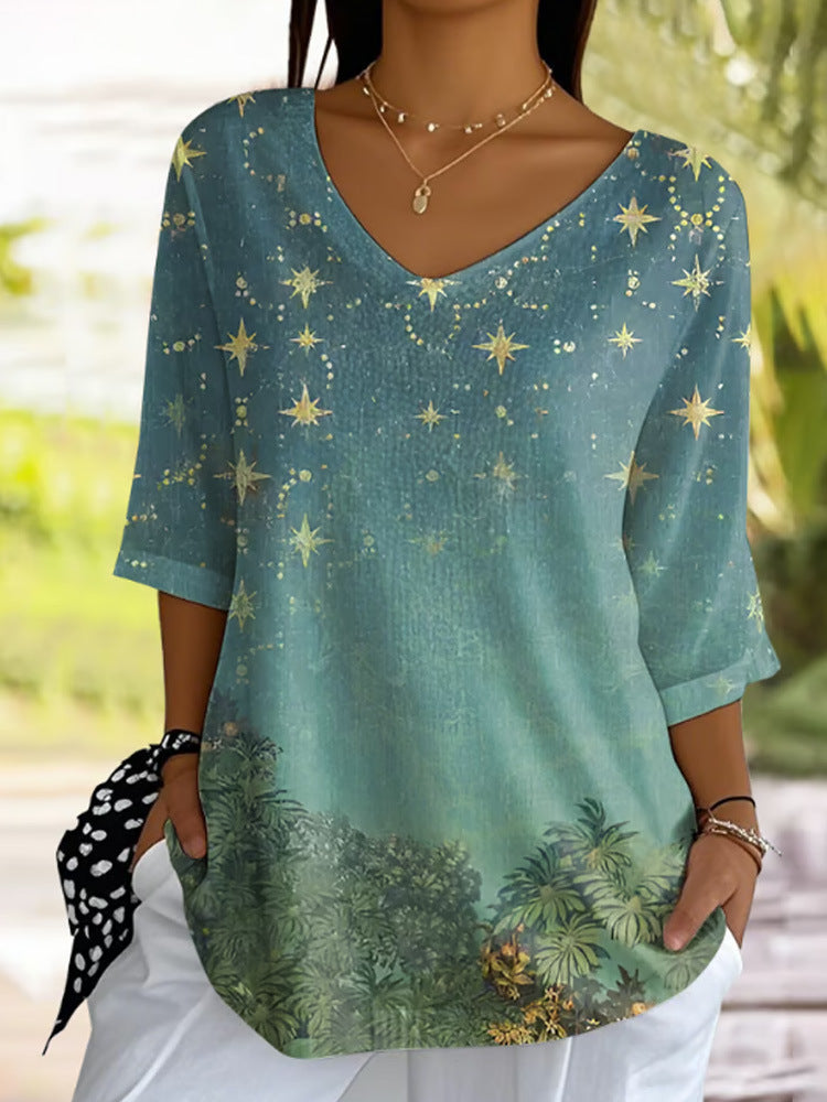 Green Starry Vintage Casual T-shirt