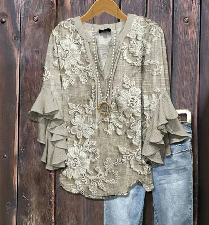Vintage 3D-bloemenprintblouse