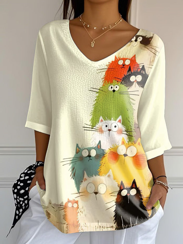 Vintage casual T-shirt met Misty White Cats
