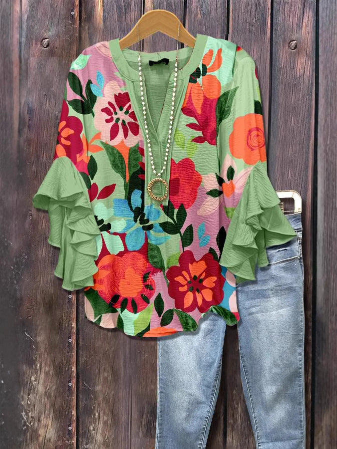 Groene blouse met 3D-bloemenprint