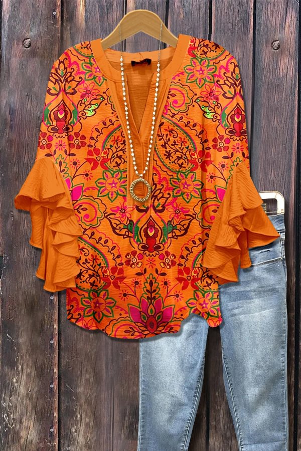 Oranje blouse met 3D-bloemenprint