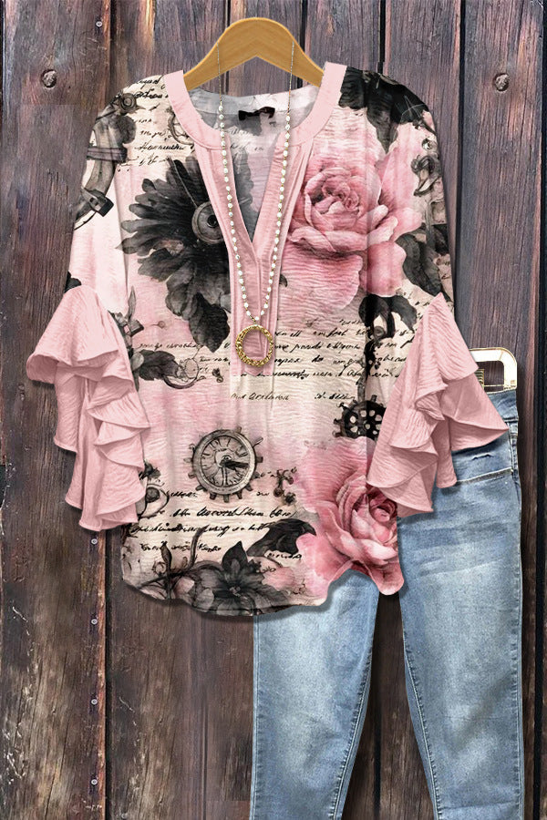 Zwartroze blouse met 3D-bloemenprint