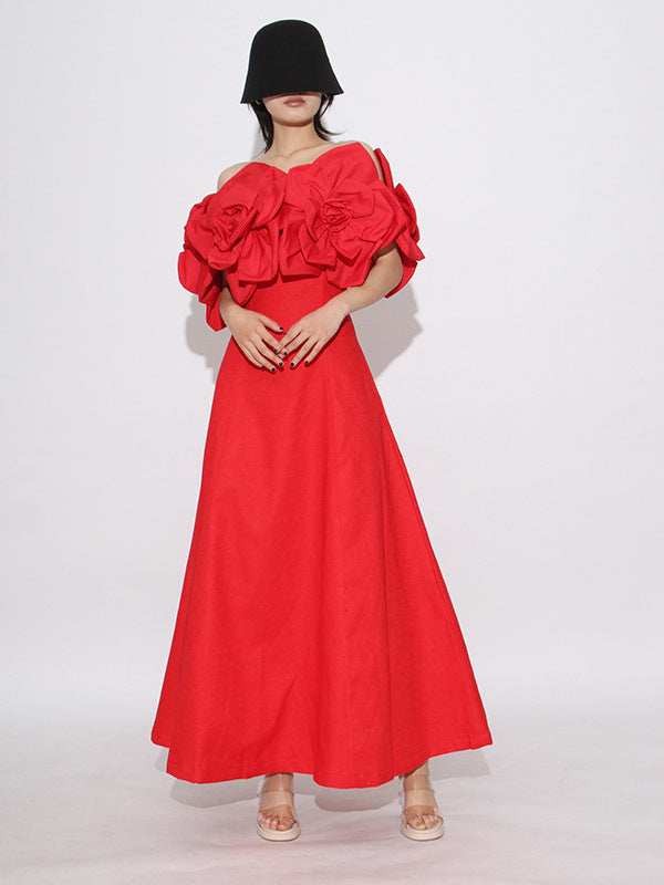 Off-Shoulder Midi Dress With Large Fabric Floral Accents